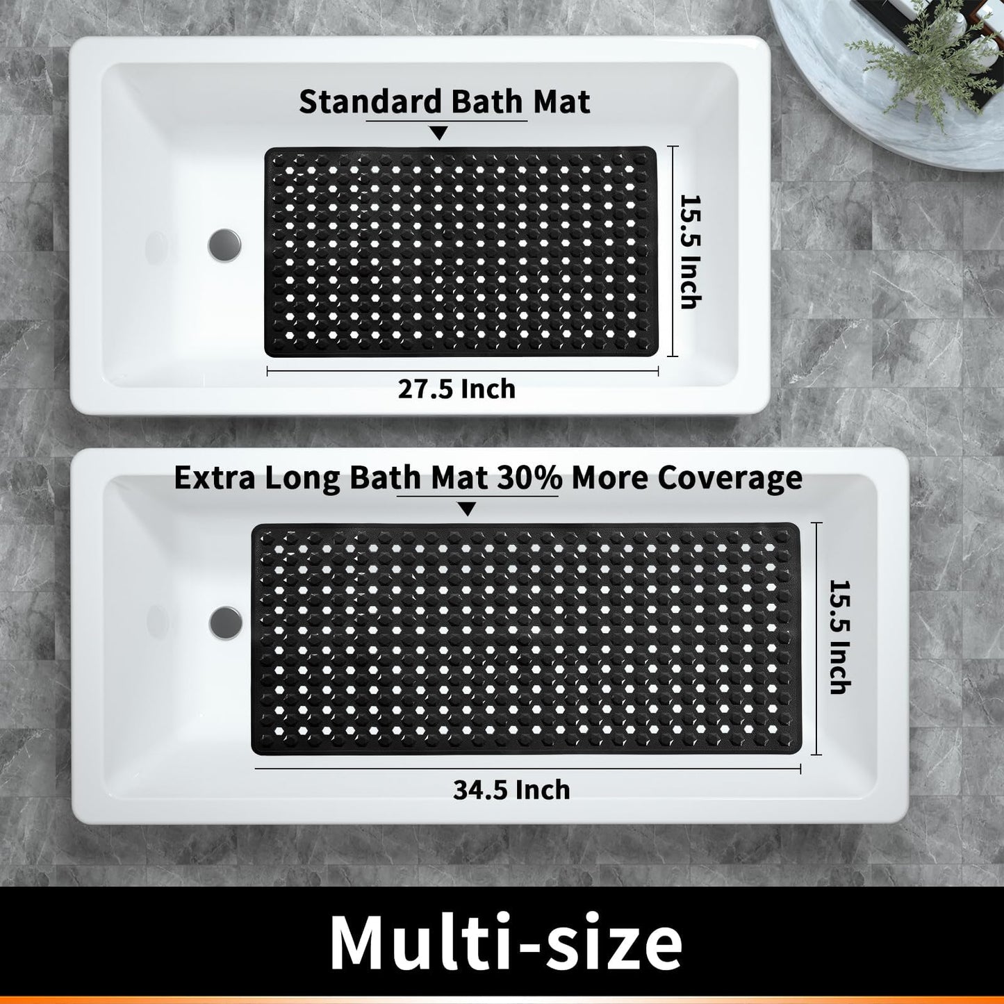 Bath Mat - Large Non Slip Bathtub & Shower Mat with Drain Hole and Suction Cups, Soft on Feet, Machine Washable, Easy Dry (Black, 88 * 40CM)