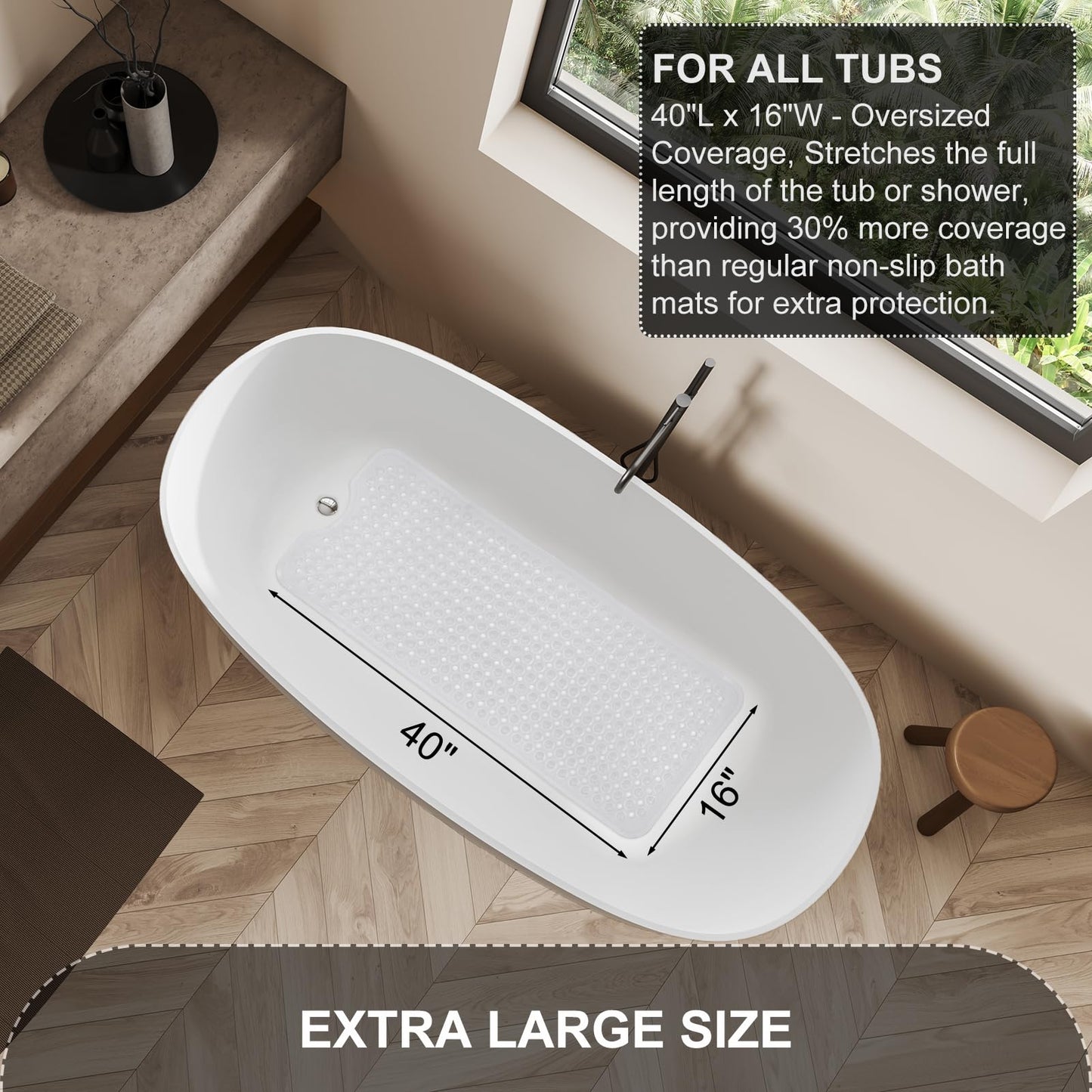 TEESHLY Non-Slip Machine Washable 40x16Inch Bathtub Mat - Clear