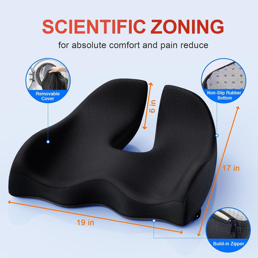 Benazcap Seat Cushion, Ergonomic Coccyx Cushion for Office and Car Chair, Sciatica Pain Relief, Memory Foam Seat Cushion with Washable Cover, Lumbar Support Cushion for Long Sitting