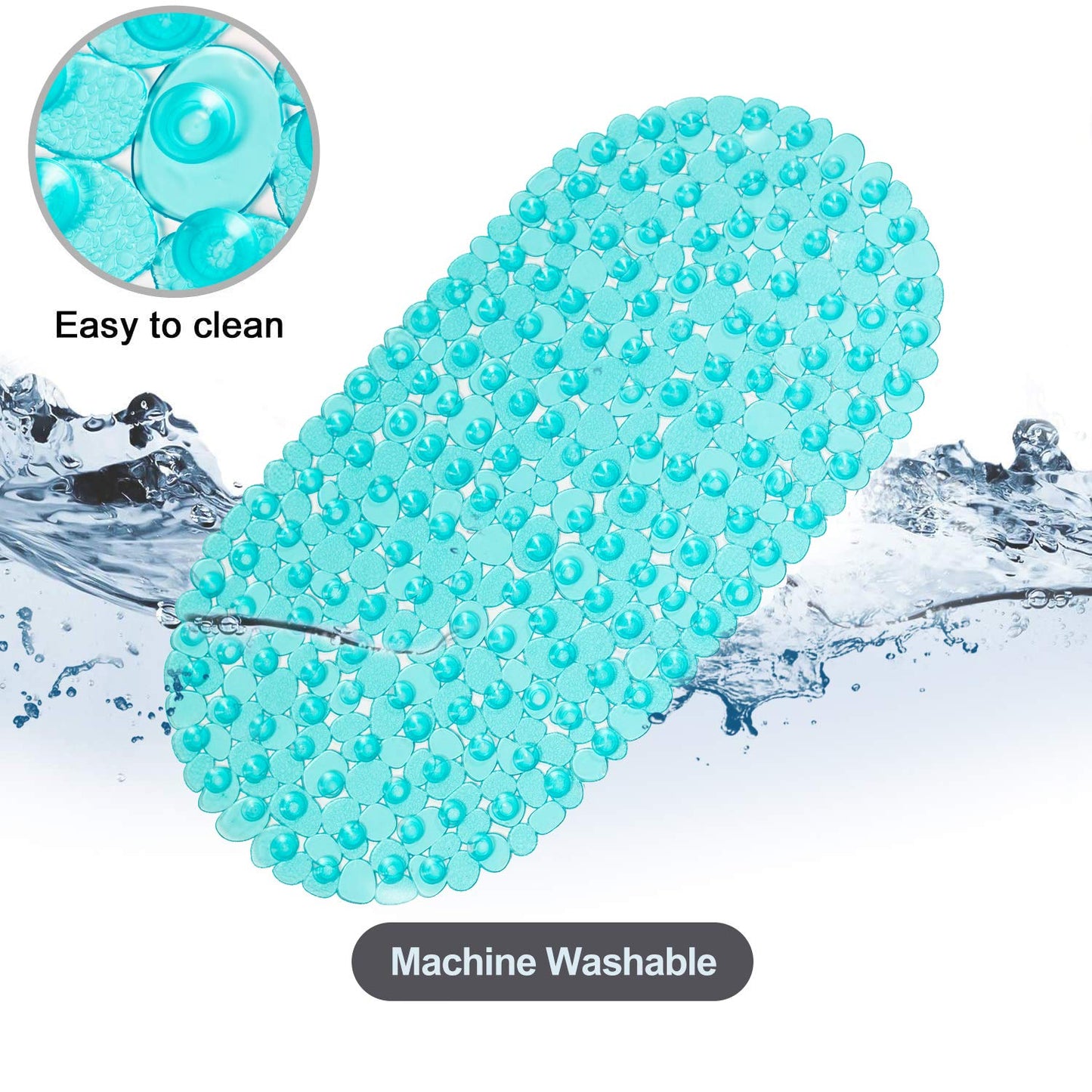 WELTRXE Pebbles Bath Mat Oval Non-Slip Bathtub Mat with Suction Cups, Drain Holes for Bathroom Showers, Tub, Machine Washable, BPA, Latex Free Safe Shower Mats, 27 x 14 Inch, Teal