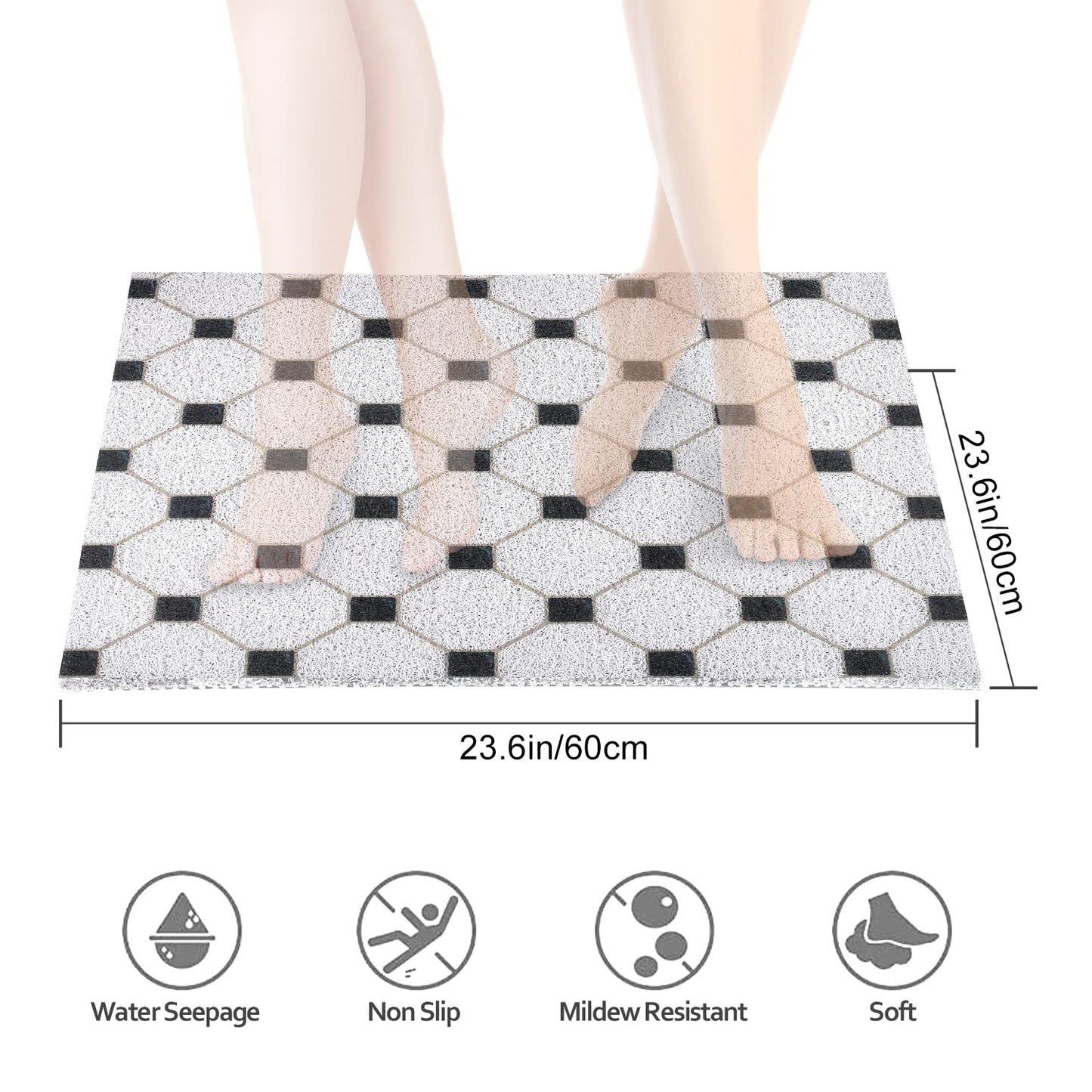 Shower Mat Non Slip Anti-Mildew: 60x60 cm Square Shower Mats with Drain Holes - Soft PVC Loofah Bathtub Mat for Kids and Elderly - Quick Drying Bath Matt for Shower Stall