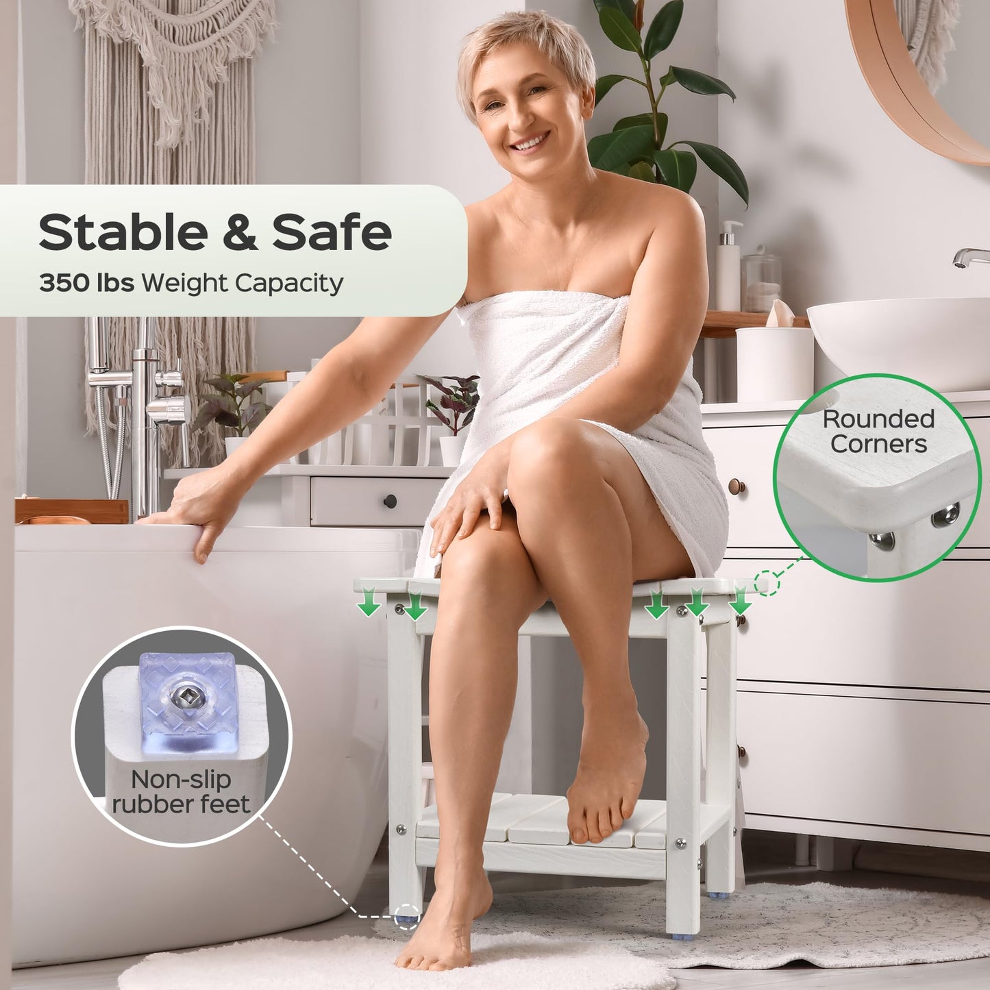 LyriFine HDPE Waterproof Adjustable Shower Stool - White