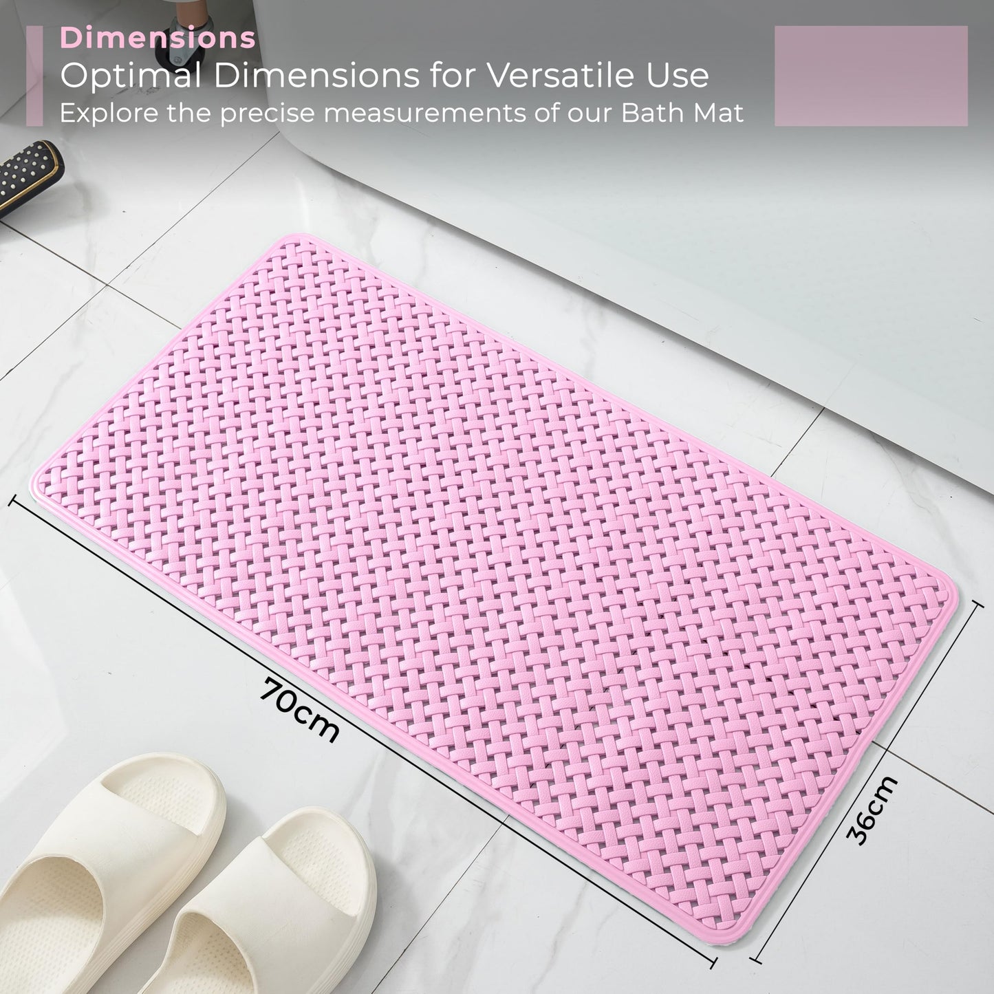 Bath Mat Non Slip Anti Mould - 36x70cm Bathtub Mat for Bathroom with Suction Cups and Drain Holes, Machine Washable Shower Mats for Inside Shower Ideal for Kids & Elderly (Pink)